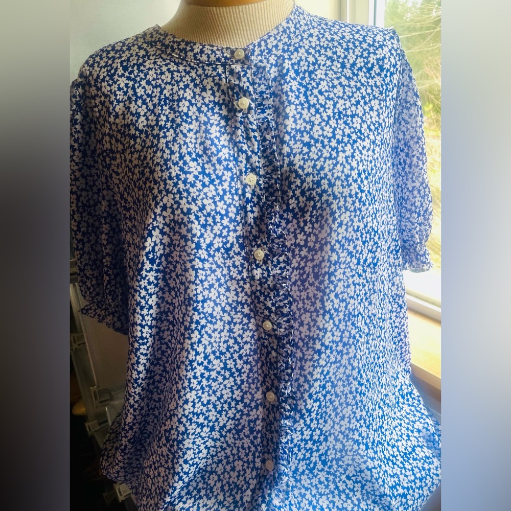 J Crew Floral Blue and White Button-Up Blouse with sheer sleeves